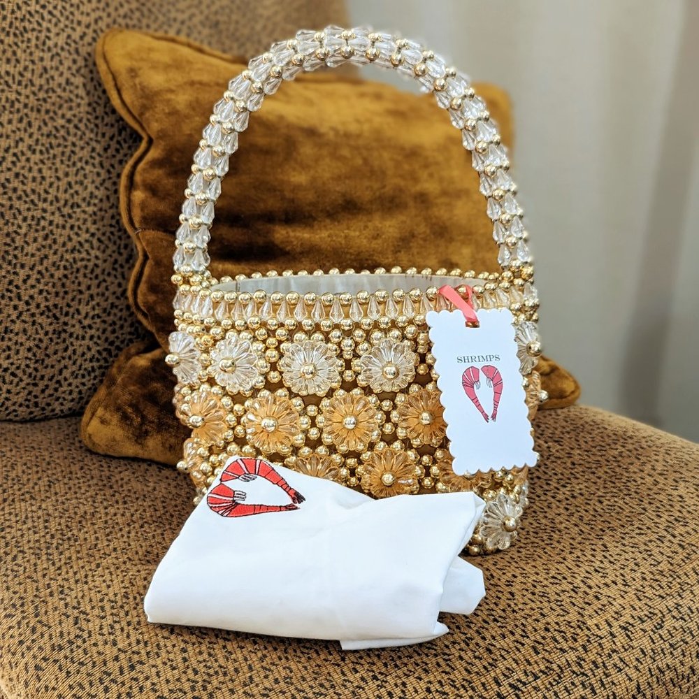 NWT Authentic SHRIMPS Shelly Beaded Bag ~ Apricot ~ Gold ~ Structured Top Handle